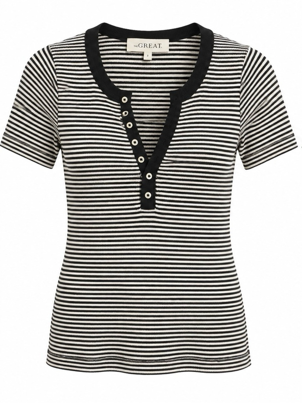 The Great. Striped Ribbed Henley Tee Black & White Size 2